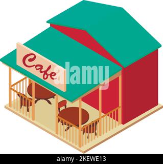 Icône de bâtiment Cafe, vecteur isométrique. Café avec table et chaise sur la véranda ouverte. Établissement de restauration et de loisirs Illustration de Vecteur