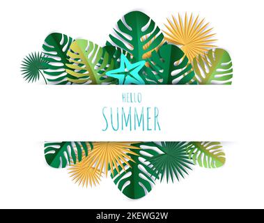 Hello Summer card tropical verdure lettrage à la main typographie, illustration vectorielle dans le style de l'art sur papier. Beau papier coupé composition d'été wi Illustration de Vecteur