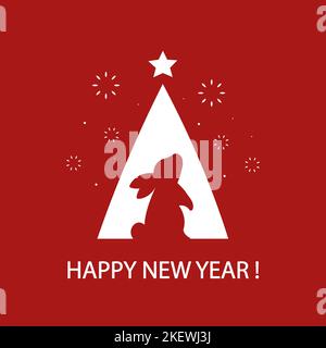Bonne Année. Carte de vœux avec silhouette de lapin et arbre de noël. Style moderne et minimaliste. Illustration vectorielle plate. Illustration de Vecteur