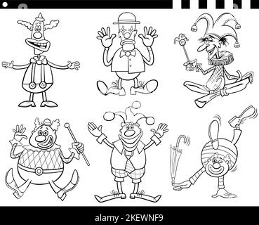 Dessin animé noir et blanc illustration des clowns drôles de la bande dessinée ensemble de la page de coloriage Illustration de Vecteur