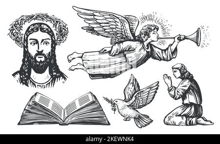 Ange messager. Colombe volant avec branche d'olive. Jésus christ avec couronne d'épines. Le croyant prie Dieu à genoux Illustration de Vecteur