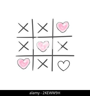 Jeu TIC tac TOE avec croix et coeurs. Dessiné à la main. Carte postale Vector Love. Illustration vectorielle Illustration de Vecteur