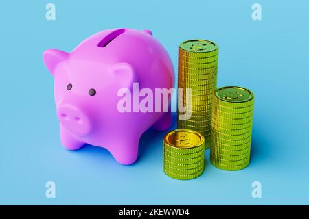 Petite banque de porc rose à côté de piles de pièces. 3d rendu Banque D'Images