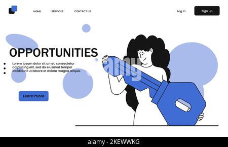 Opportunités pour les femmes d'affaires et le développement, succès de carrière ou vecteur de croissance illustration concept, bannière de concept de démarrage. Fort, confiant et Illustration de Vecteur