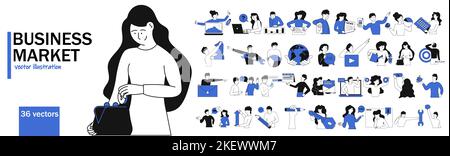 Ensemble d'illustrations vectorielles de concept de marketing d'entreprise avec des personnes. Collecte de diverses activités à la stratégie d'Internet, les médias sociaux, la promotion numérique a Illustration de Vecteur