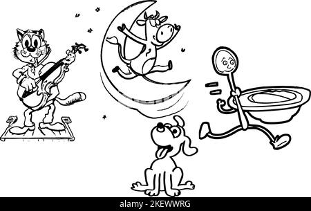 Chat avec un violon, la vache sauta au-dessus de la Lune, le petit chien rit, le plat s'enfuyait avec la cuillère. Dessin de dessin animé noir et blanc. Illustration de Vecteur