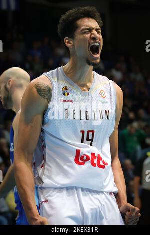 Jemappes, Belgique, le 14 novembre 2022, Ismael Bako de Belgique célèbre lors d'un match de basket-ball entre l'équipe nationale belge des Lions belges et la Grèce, le lundi 14 novembre 2022 à Jemappes, partie de qualification 10/12 pour la coupe du monde 2023. BELGA PHOTO VIRGINIE LEFOUR Banque D'Images