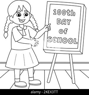 100th pages de coloriage de fille d'étudiant de jour d'école Illustration de Vecteur