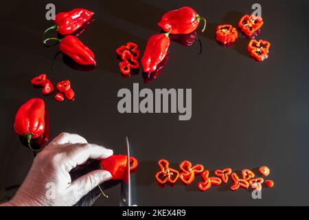 Capsicum chinense 'scotch Bonnet' est tranché sur une planche à découper noire Banque D'Images