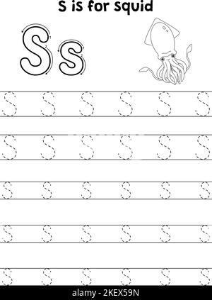 Squid Animal Tracing Letter ABC coloriage page S Illustration de Vecteur