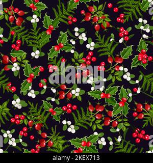 Motif sans couture floral de Noël avec houx, GUI, rose musquée et branches de sapin sur un fond noir. Illustration vectorielle Illustration de Vecteur