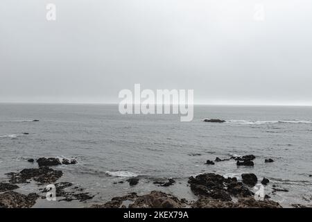 Prévisions de brouillard gris pluvieux sur un paysage de mer rocailleux Banque D'Images