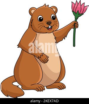 Marmotte tenant un dessin-animé à fleurs Clipart coloré Illustration de Vecteur