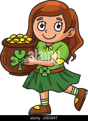 Saint Patrick – fille de jour avec Pot of Gold Clipart Illustration de Vecteur