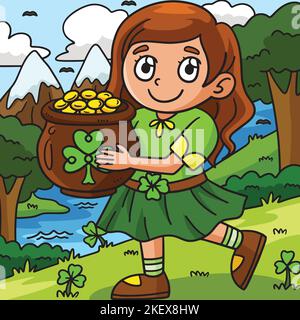 St Patrick Girl avec pot de dessin animé doré Illustration de Vecteur