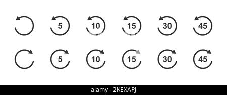 Icônes de retour et d'avance rapide avec des flèches circulaires et des chiffres de 5, 10, 15, 30 secondes. Boutons de répétition et de suite ronds isolés sur fond blanc. Ensemble d'éléments de lecture du lecteur. Illustration graphique vectorielle Illustration de Vecteur
