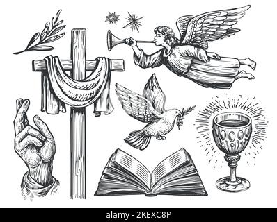 Croix chrétienne en bois, main de Bénédiction, colombe volante avec branche d'olivier, Ange, Bible ouverte, Saint Graal. Symboles religieux Illustration de Vecteur