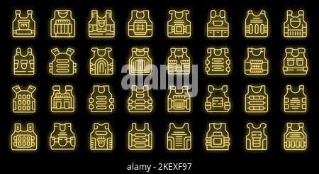 Les icônes de gilet à puces définissent le vecteur de contour. Corps de l'armure. Veste militaire couleur néon sur noir Illustration de Vecteur