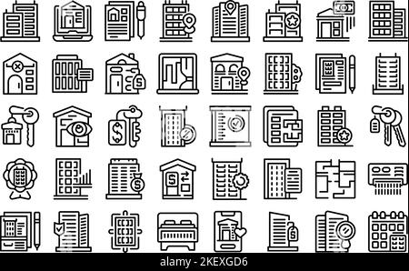 Louer un appartement icônes définir le vecteur de contour. Agence commerciale. Prêt du marché Illustration de Vecteur