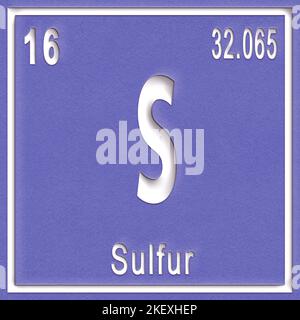 Élément chimique de soufre, signe avec numéro atomique et poids atomique, élément du tableau périodique Banque D'Images