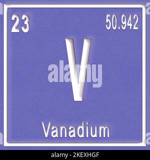 Élément chimique en vanadium, signe avec numéro atomique et poids atomique, élément du tableau périodique Banque D'Images