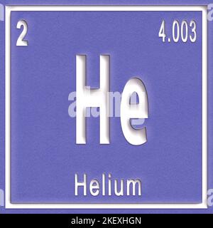 Élément chimique hélium, signe avec numéro atomique et poids atomique, élément du tableau périodique Banque D'Images