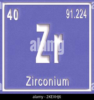 Élément chimique en zirconium, signe avec numéro atomique et poids atomique, élément du tableau périodique Banque D'Images