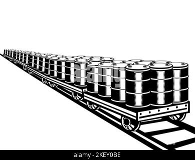 Illustration de barils de pétrole sur wagon assis sur la voie ferrée sur fond isolé fait en noir et blanc style rétro de coupe de bois. Banque D'Images