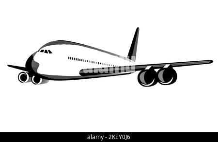 Illustration d'un avion de ligne commercial Airbus A380 en vol complet, vu de l'avant sur un arrière-plan isolé, dans un style rétro. Banque D'Images