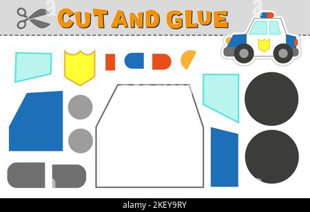 Couper et coller la voiture de police. Illustration vectorielle. Jeu de puzzle en papier pour l'activité et l'éducation des enfants. Niveau simple Illustration de Vecteur