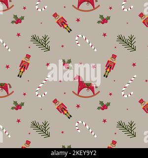 Motif de Noël avec jouet cheval bonbons Cannes soldat nutcracker branches épinette baies de noël et étoiles Illustration de Vecteur