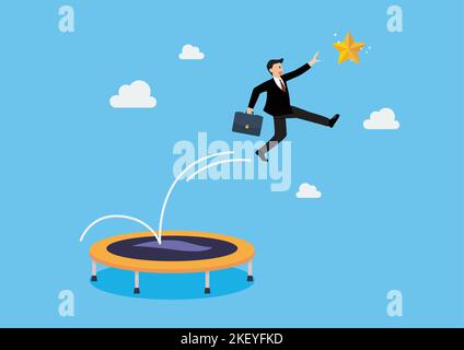 Les hommes d'affaires rebondissent sur le trampoline sauter haut pour saisir la star. Concept d'entreprise. Illustration vectorielle Illustration de Vecteur