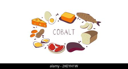 Aliments contenant du cobalt. Groupes de produits sains contenant des vitamines et des minéraux. Ensemble de fruits, légumes, viandes, poissons et produits laitiers Illustration de Vecteur