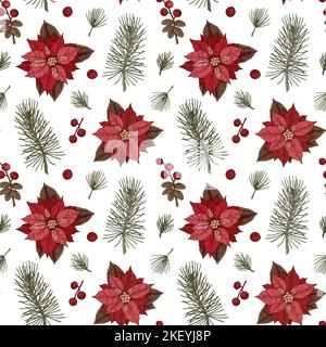 Motif joyeux Noël et joyeux nouvel an sans coutures avec fleurs en poinsettia. Illustration vectorielle dans le style d'esquisse. Fond festif Illustration de Vecteur