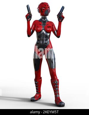 femme guerrier futuriste en costume rouge, armée de fusils, 3d rendu Banque D'Images