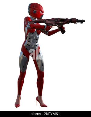 femme guerrier futuriste en costume rouge, armée de fusils, 3d rendu Banque D'Images