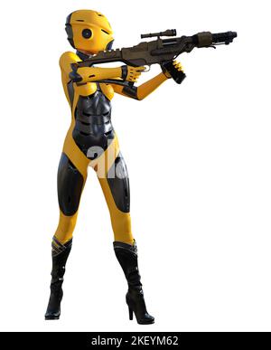 guerrier futuriste en costume jaune et noir, armé de fusil, rendu 3d Banque D'Images