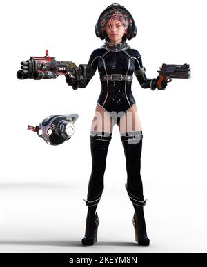 femme guerrier futuriste en uniforme noir avec un fusil, 3d rendu Banque D'Images