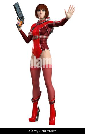 femme guerrier futuriste en costume rouge, armée de fusils, 3d rendu Banque D'Images