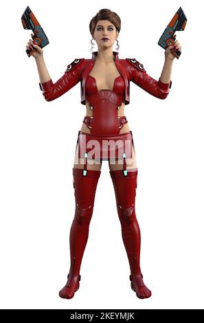 femme guerrier futuriste en costume rouge, armée de fusils, 3d rendu Banque D'Images