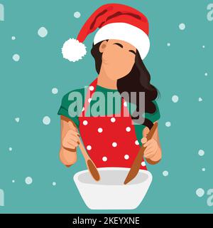 Noël femme pâtisserie biscuits. Bonne femme à chapeau de père noël préparant le petit déjeuner pour votre famille pour Noël. Peeple passent du temps à cuisiner. Illustration vectorielle Illustration de Vecteur