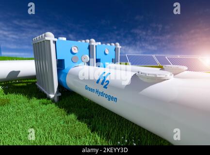 Pipeline de production d'énergie renouvelable à l'hydrogène vert - gaz d'hydrogène vert pour l'électricité propre installation d'énergie solaire et éolienne. Banque D'Images