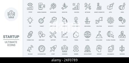 Les icônes de la technologie de démarrage en ligne fine définissent l'illustration vectorielle. Exposer les idées de succès et de financer le développement de projet, la vision et la solution pour le commerce, graphique statistique croissance, soutien de la sécurité bancaire Illustration de Vecteur