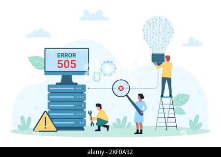 Serveur indisponible, illustration du scénario de problème matériel. Dessin animé toute petite personne tenant la loupe pour trouver une erreur de connexion, ampoule de lumière sombre reliant par fil cassé à l'équipement informatique Illustration de Vecteur