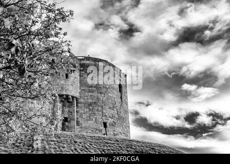 Une ancienne tour située sur un remblai d'herbe. Un arbre d'automne est au premier plan et un ciel nuageux est au-dessus. Banque D'Images