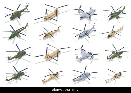 Ensemble isométrique de la Force aérienne militaire. Transport, hélicoptères d'attaque. Avion militaire en vol. Transport aérien militaire. Illustration de Vecteur