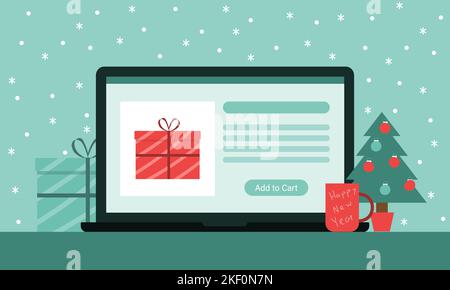 Achat en ligne de cadeaux pour Noël et le nouvel an. Concept de vente des fêtes Illustration de Vecteur