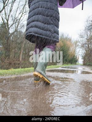 Vue arrière d'une femme isolée avec un brome qui marche à travers des flaques sous la pluie battante le long d'un sentier du Royaume-Uni lors d'une journée d'hiver sombre, sombre et terne. Banque D'Images