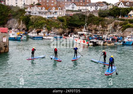 Un groupe de personnes apprennent à monter le paddle-board dans le port de Newquay, en Cornouailles, au Royaume-Uni. Banque D'Images