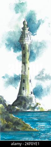Peinture aquarelle du phare sur les rochers, mer et ciel nuageux. Peint par le photographe. Banque D'Images
